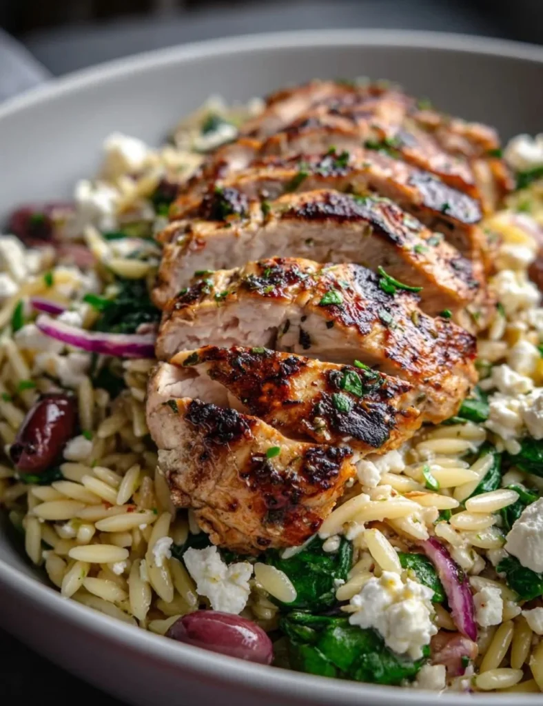 Bowl of high protein Mediterranean Chicken Orzo with fresh vegetables and herbs