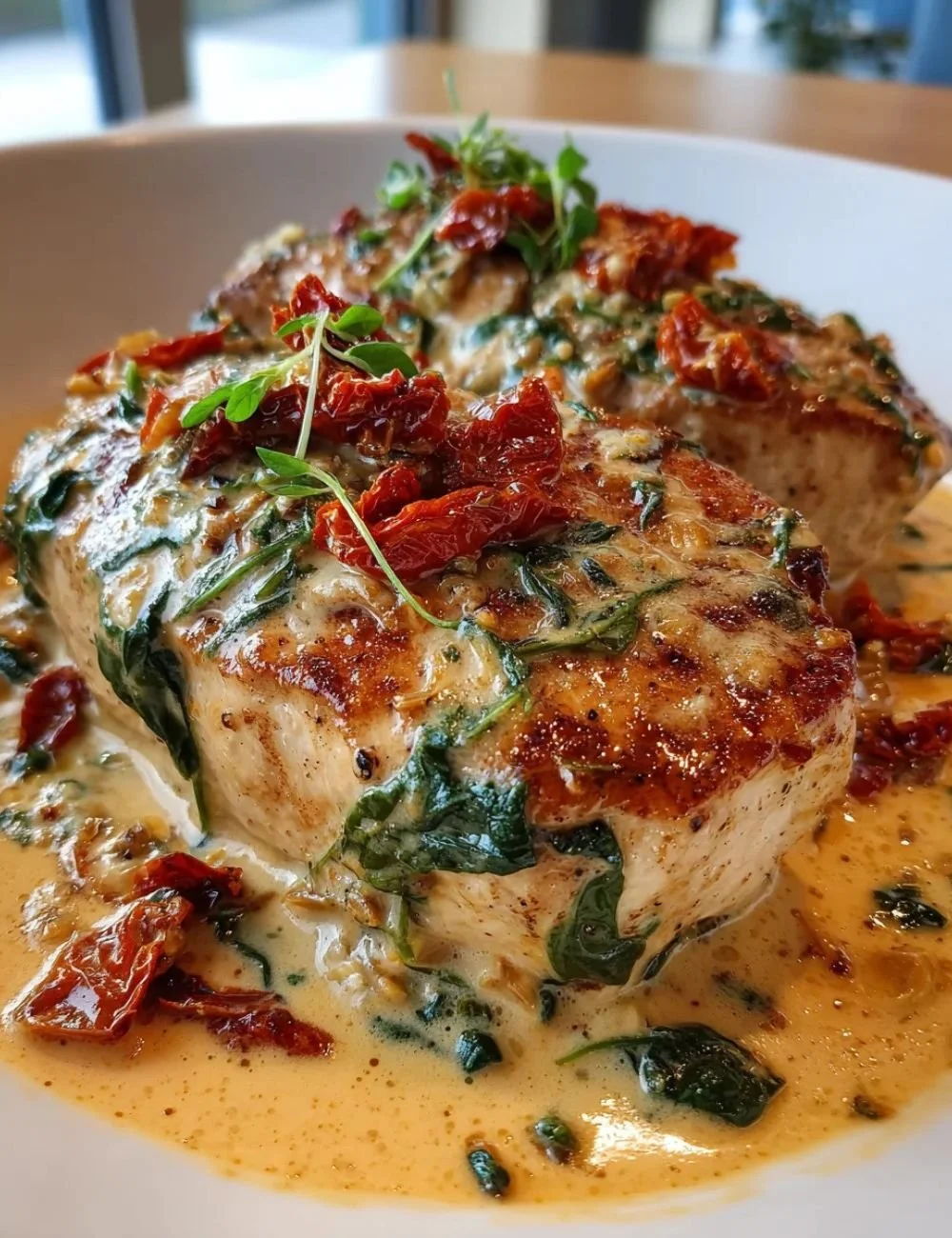 Delicious high-protein Tuscan Chicken served with fresh herbs and vegetables.