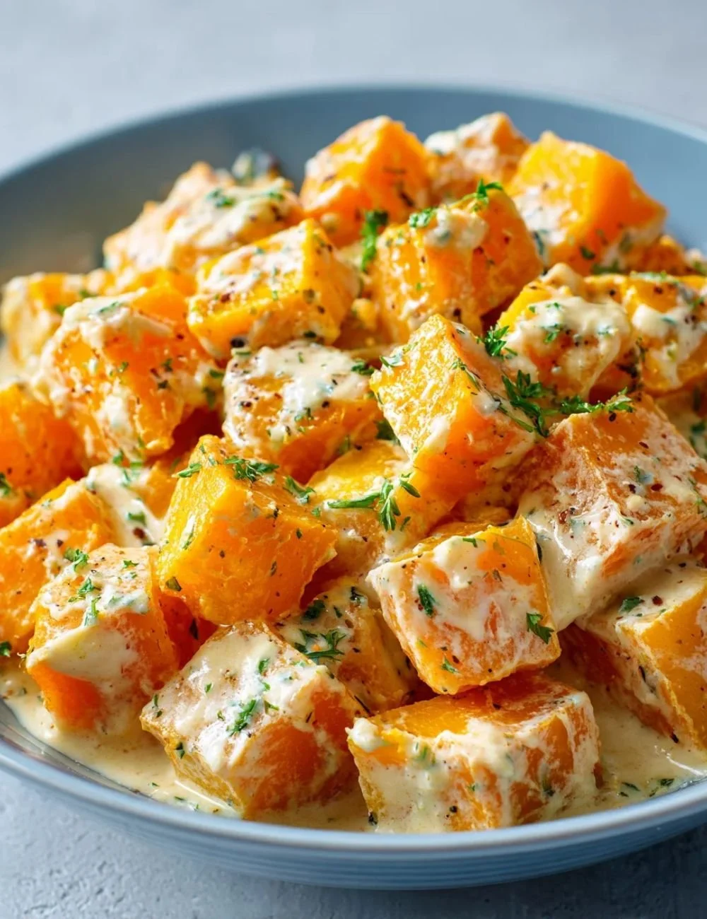 Delicious homemade butternut squash bake topped with herbs and spices.