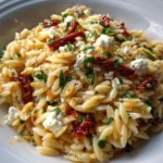 Delicious homemade orzo pasta salad with fresh vegetables and herbs.