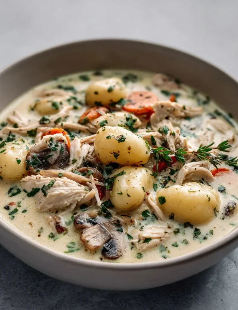 A bowl of creamy Instant Pot Chicken Gnocchi Soup topped with herbs.