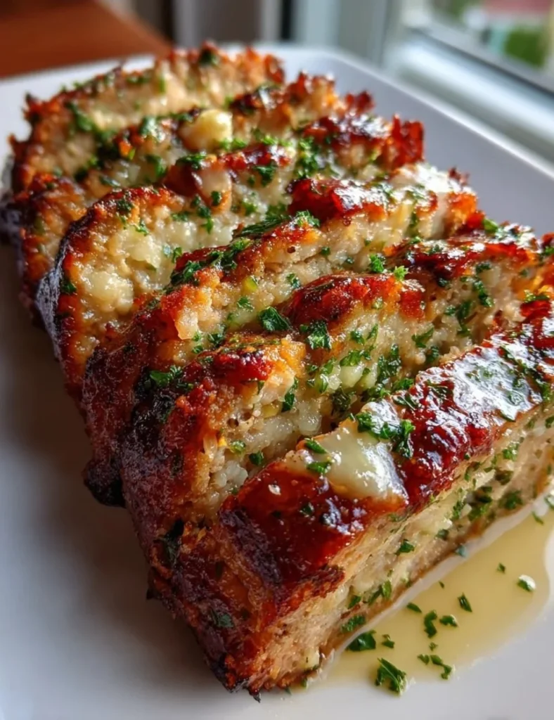 Delicious Garlic Parmesan Chicken Meatloaf served with fresh herbs