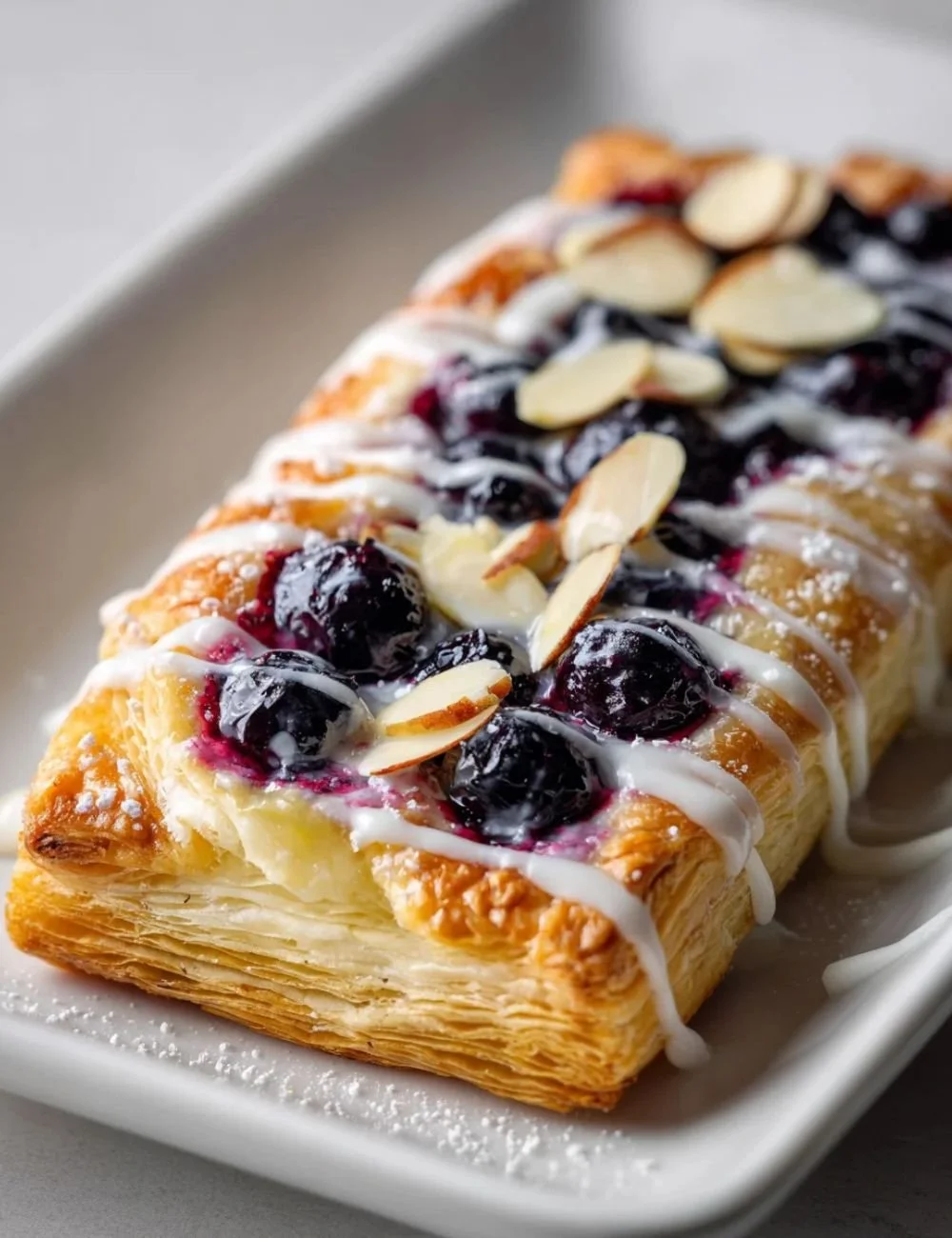 Lemon blueberry puff pastry tart garnished with fresh blueberries and lemon zest.