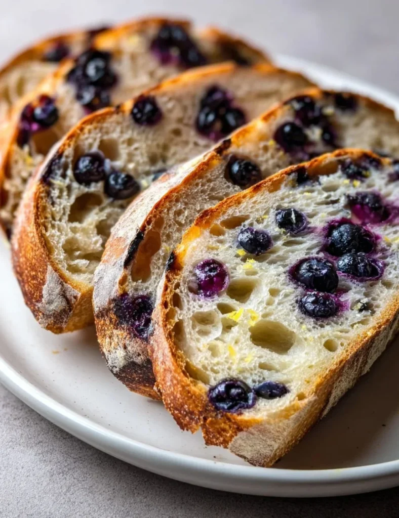 Lemon Blueberry Sourdough Bread with fresh blueberries on a wooden table.