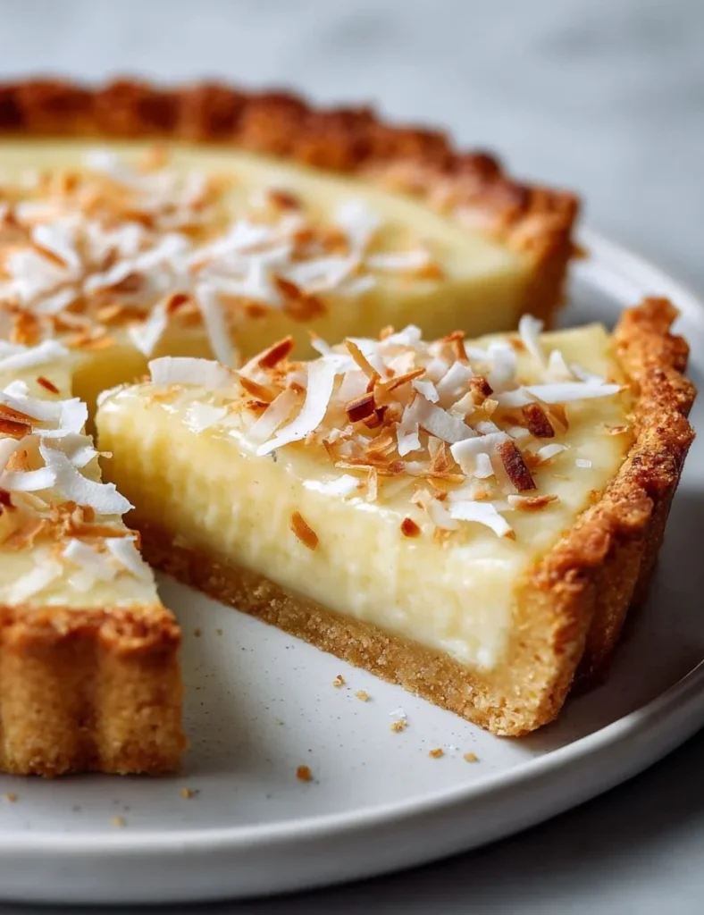 Delicious Lemon Coconut Tart garnished with coconut flakes and lemon slices