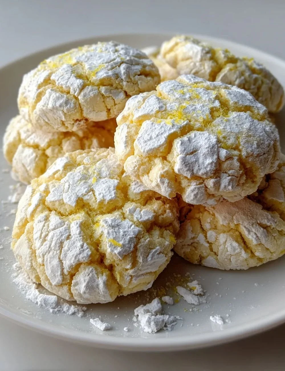 A plate of freshly baked lemon crinkle cookies dusted with powdered sugar.