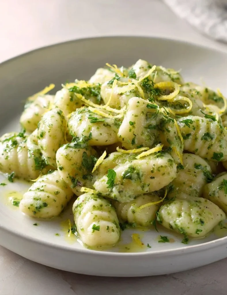 Delicious Lemon Pesto Gnocchi served on a plate with fresh basil and lemon zest
