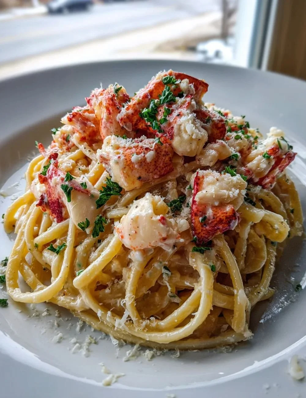 Delicious Lobster Bucatini pasta dish garnished with fresh herbs