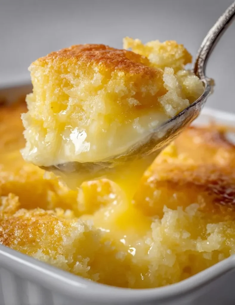 Delicious Magic Lemon Cobbler served in a rustic dish with fresh lemons
