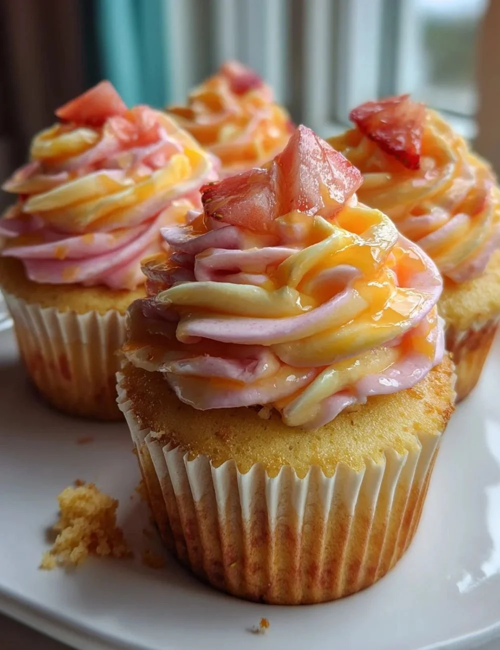 Mango Strawberry Sunset Cupcakes adorned with fresh fruit toppings