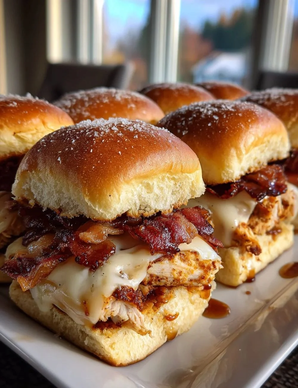 Maple chicken beef bacon sliders served on a platter.