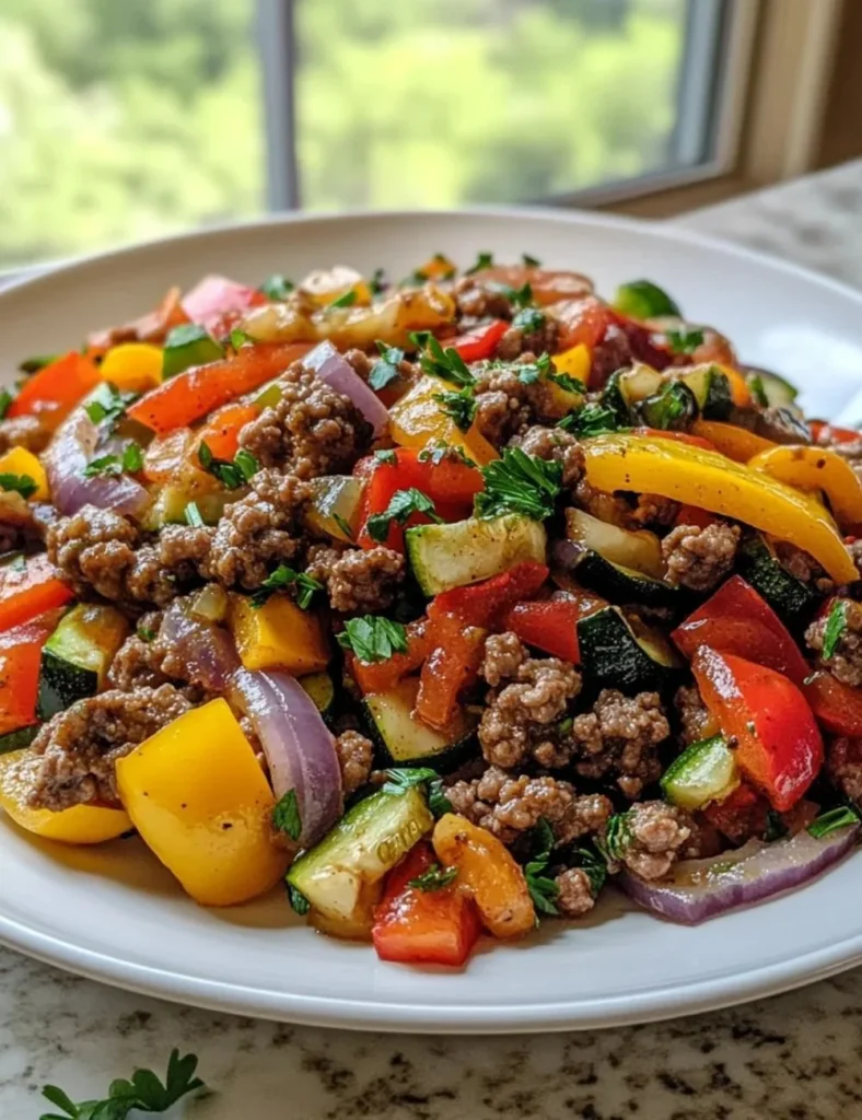 Plate of Mediterranean ground beef stir fry with colorful vegetables