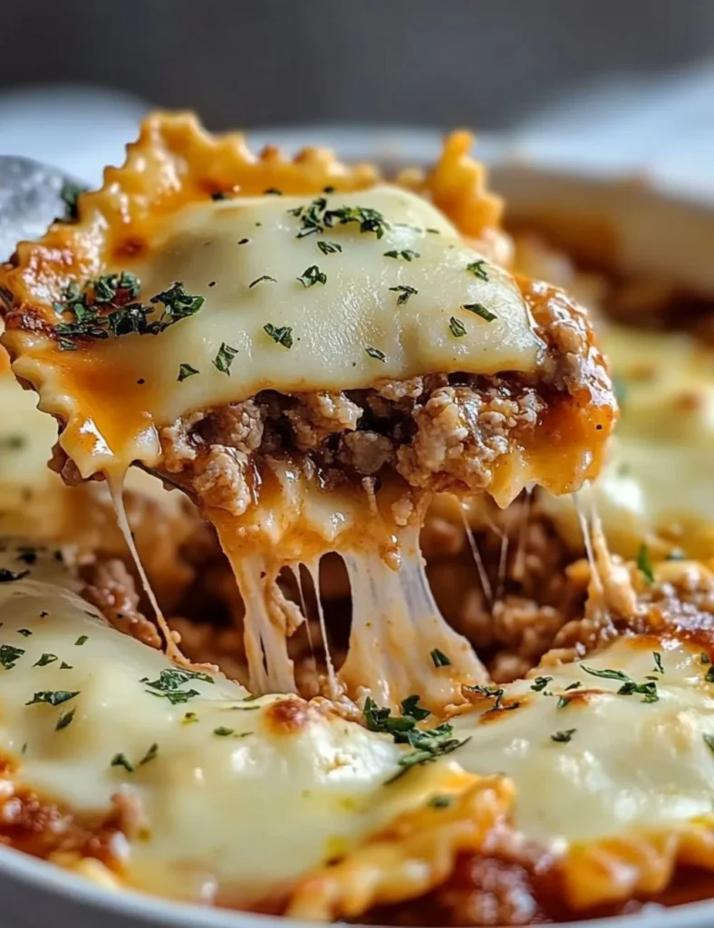 Delicious Million Dollar Ravioli Casserole topped with cheese and herbs
