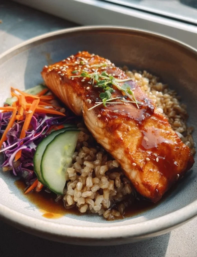 Delicious Miso Salmon served in a nutritious Farro Bowl topped with fresh vegetables