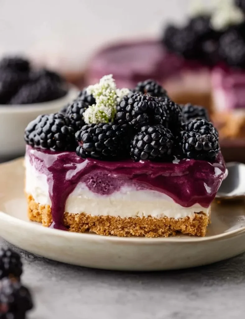 Delicious no bake blackberry cheesecake topped with fresh blackberries