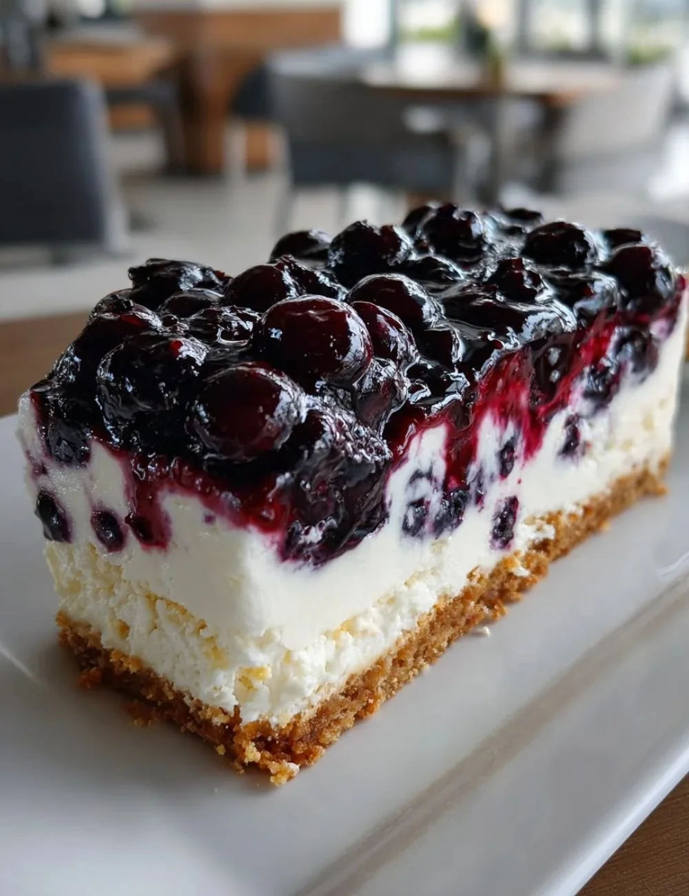 No bake blueberry yum yum dessert in a glass dish with fresh blueberries on top