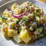 A vibrant Olive Greek Potato Salad garnished with olives and herbs