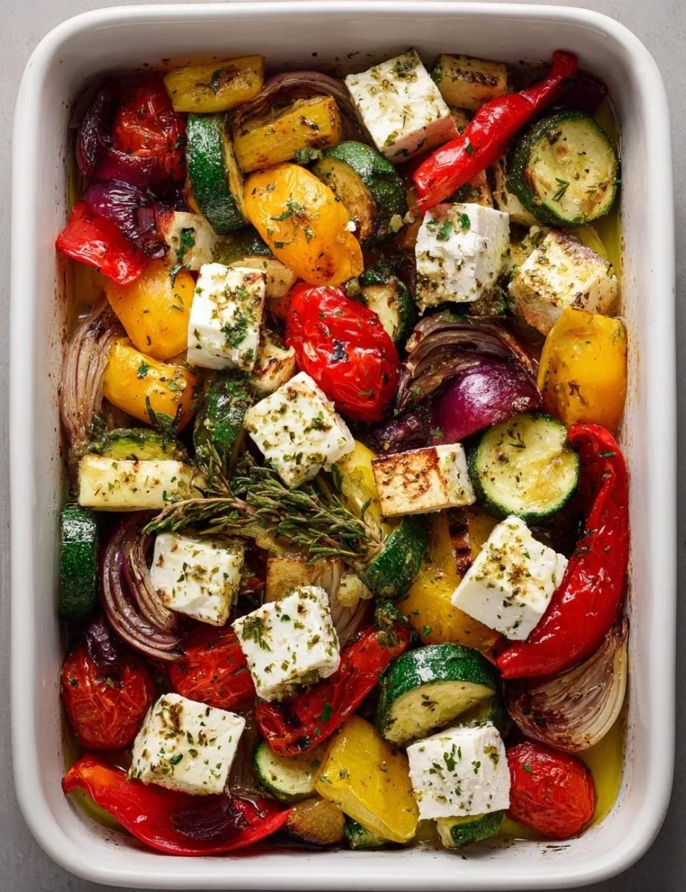 One Pan Greek Vegetables with fresh and colorful vegetables prepared in a single dish.