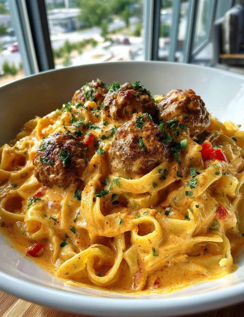 One Pot Creamy Cajun Beef Meatball Pasta in a skillet garnished with parsley.