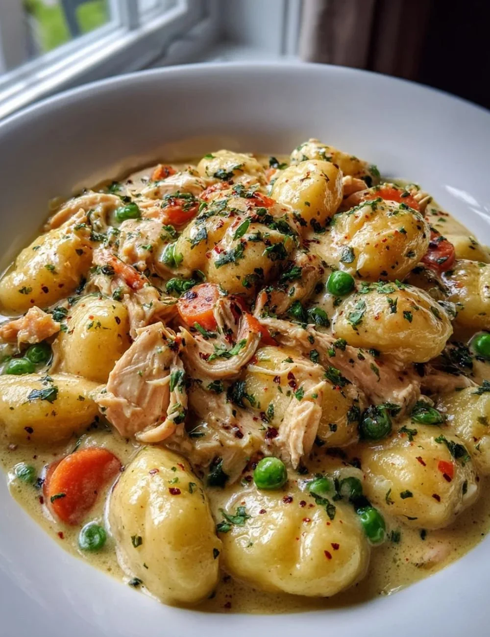 One pot gnocchi chicken pot pie served in a bowl with herbs