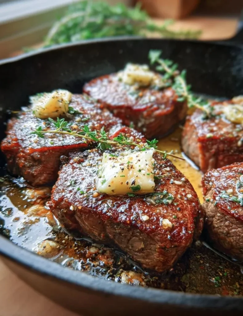 Juicy pan seared steak topped with garlic butter on a white plate.