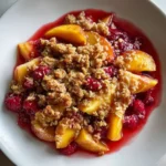 Delicious Peach Raspberry Crisp dessert with fruit and crumbly topping