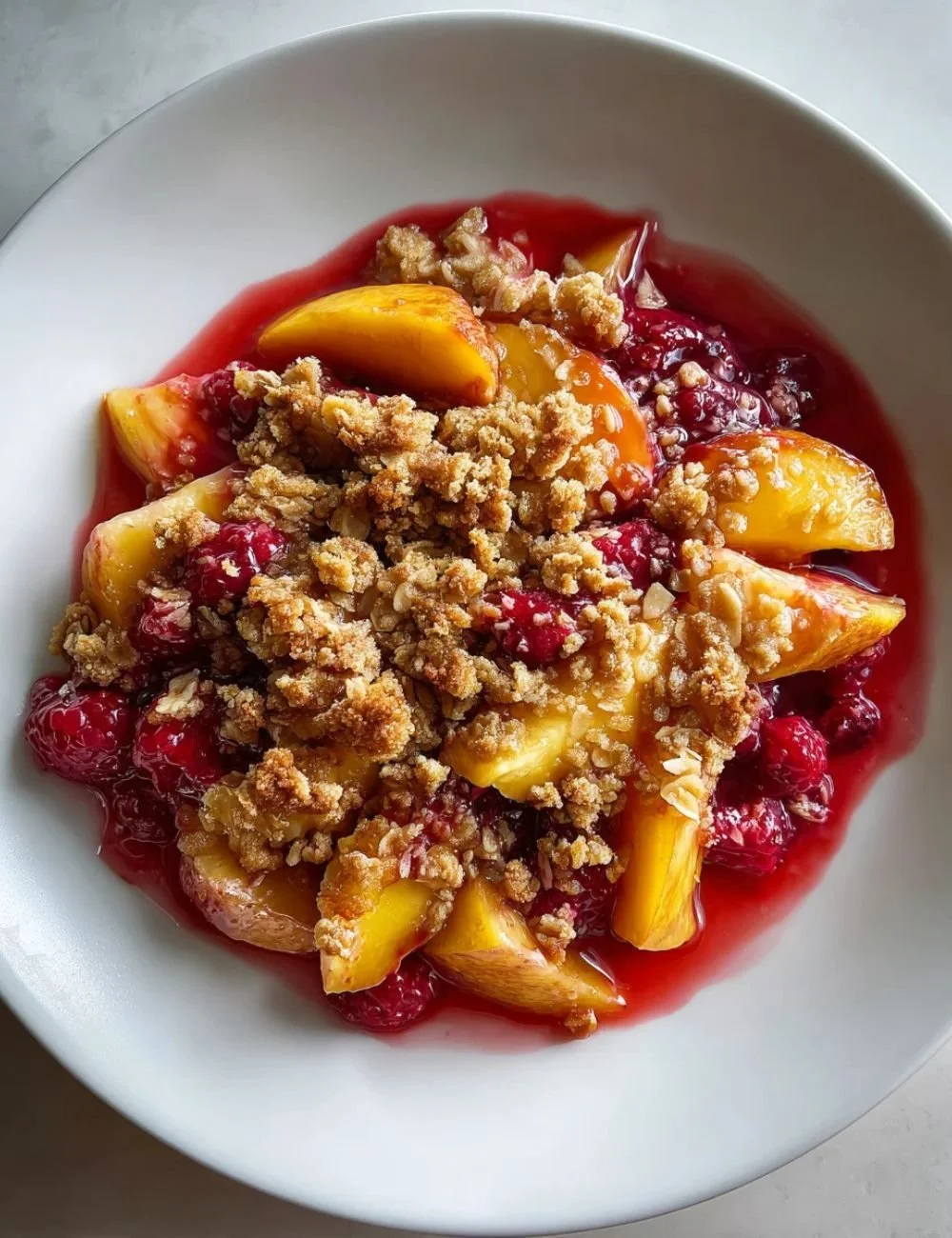 Delicious Peach Raspberry Crisp dessert with fruit and crumbly topping