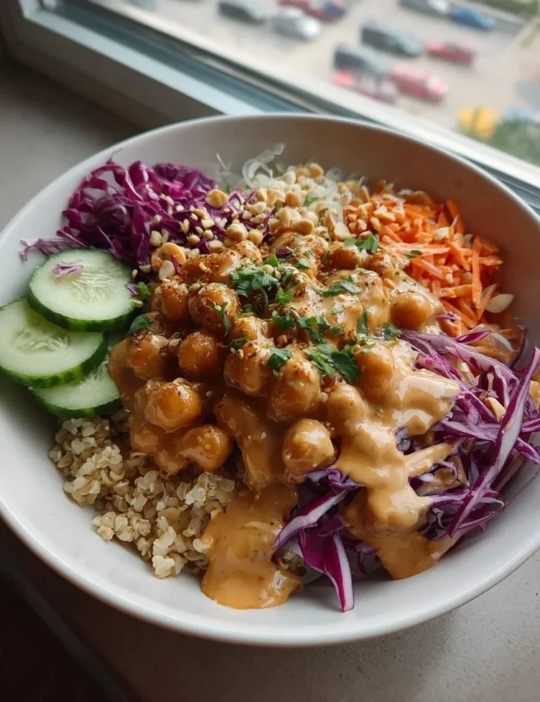 A vibrant Peanut Chickpea Protein Bowl topped with fresh veggies and peanuts