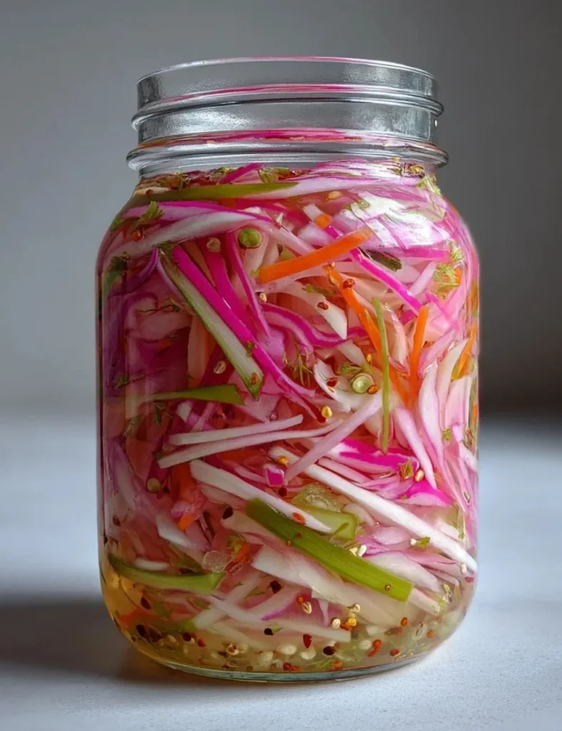 Jars of quick fridge pickled vegetables in vibrant colors on a kitchen counter.