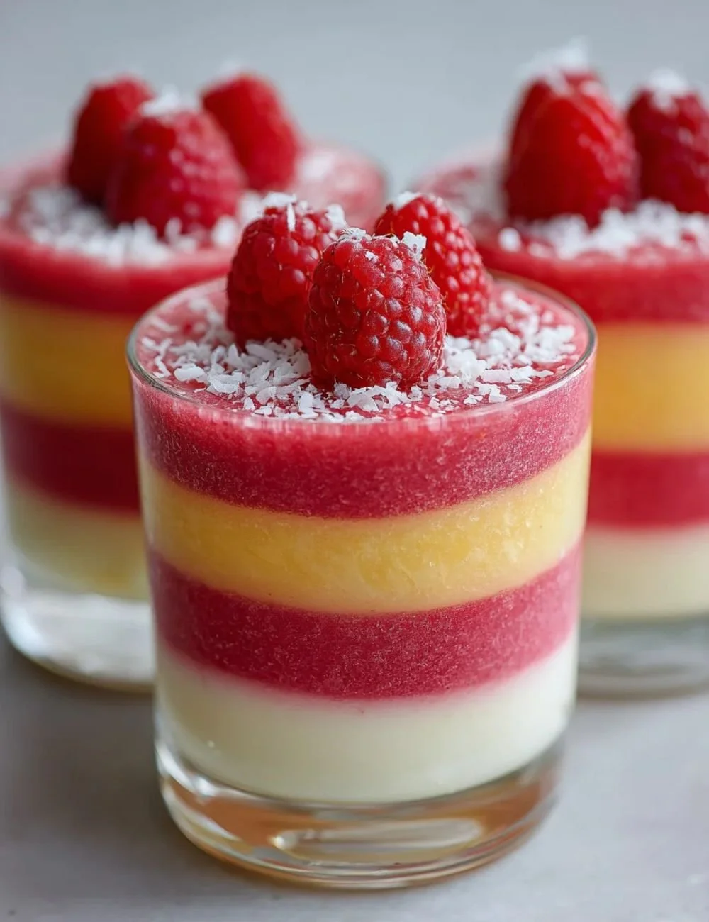 Delicious Raspberry Colada Twist cocktail served in a glass with fresh raspberries.