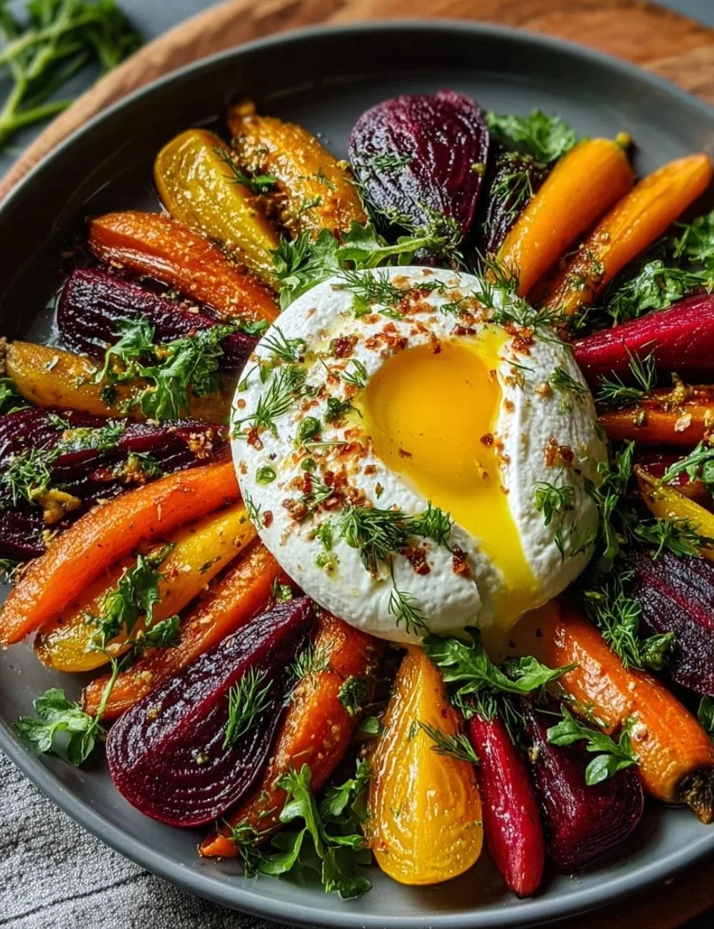 Roasted beets and carrots salad topped with burrata cheese