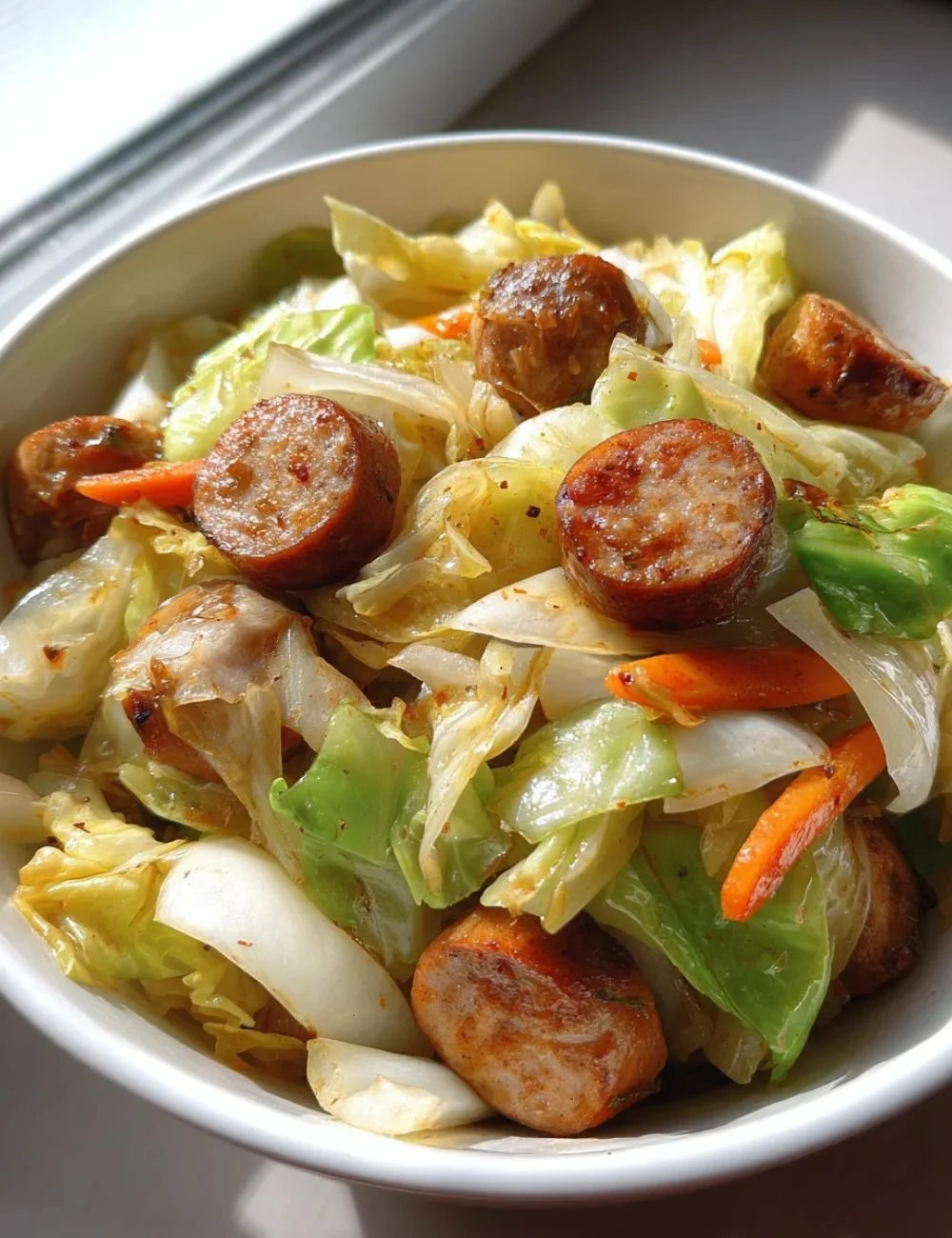 Delicious sausage and cabbage stir fry in a pan with vibrant vegetables.