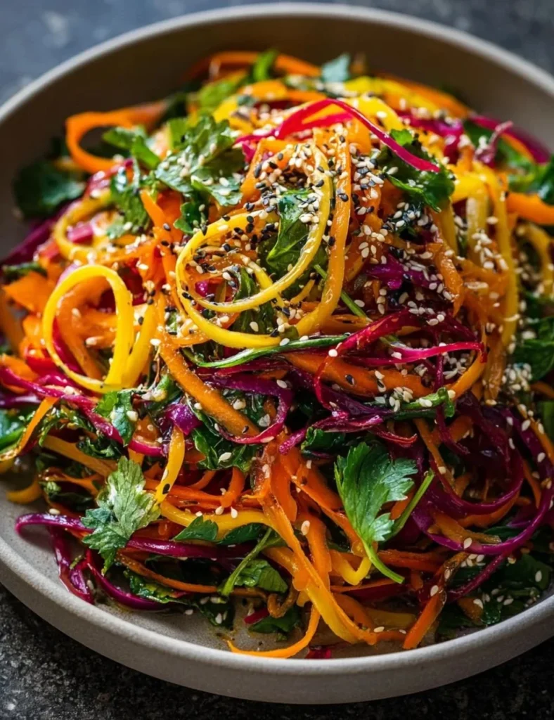 Shaved rainbow carrot sesame salad featuring colorful carrots and sesame dressing