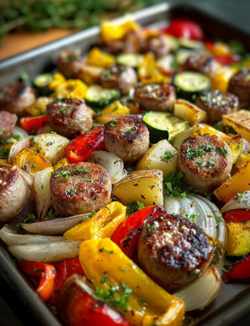 Sheet pan with beef sausage and colorful roasted vegetables