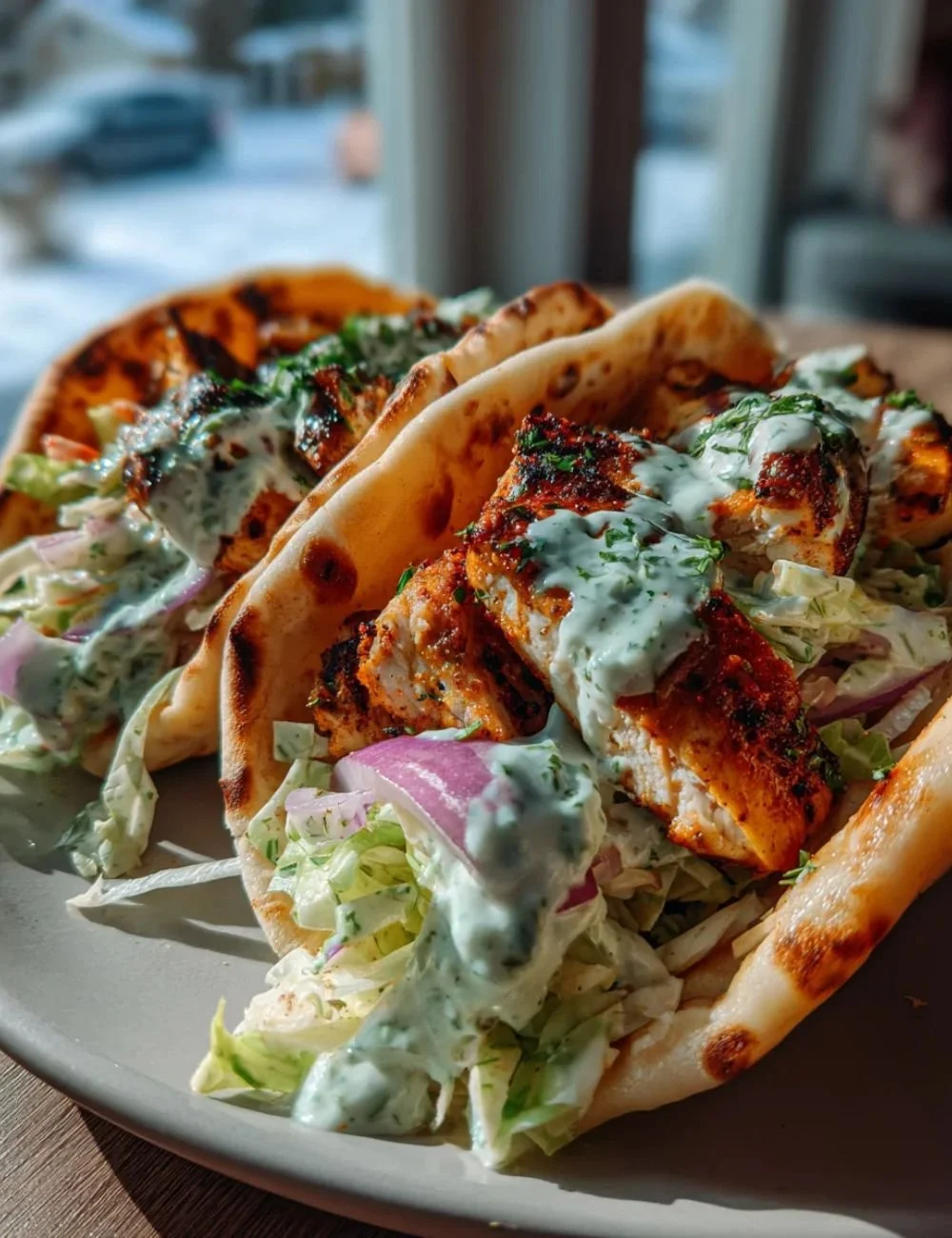 Sheet pan chicken pitas topped with herby ranch dressing and fresh vegetables