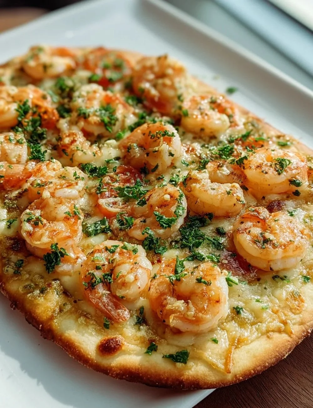 Delicious Shrimp Scampi Flatbread topped with garlic, herbs, and cheese.