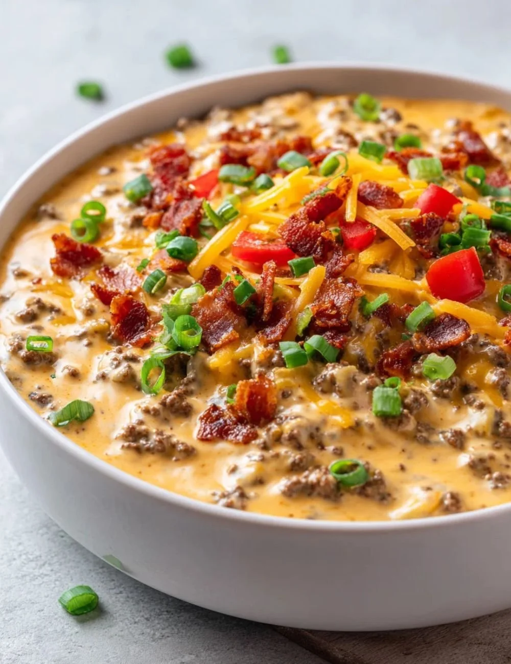 Delicious Beef Bacon Cheeseburger Queso Dip served with nacho chips