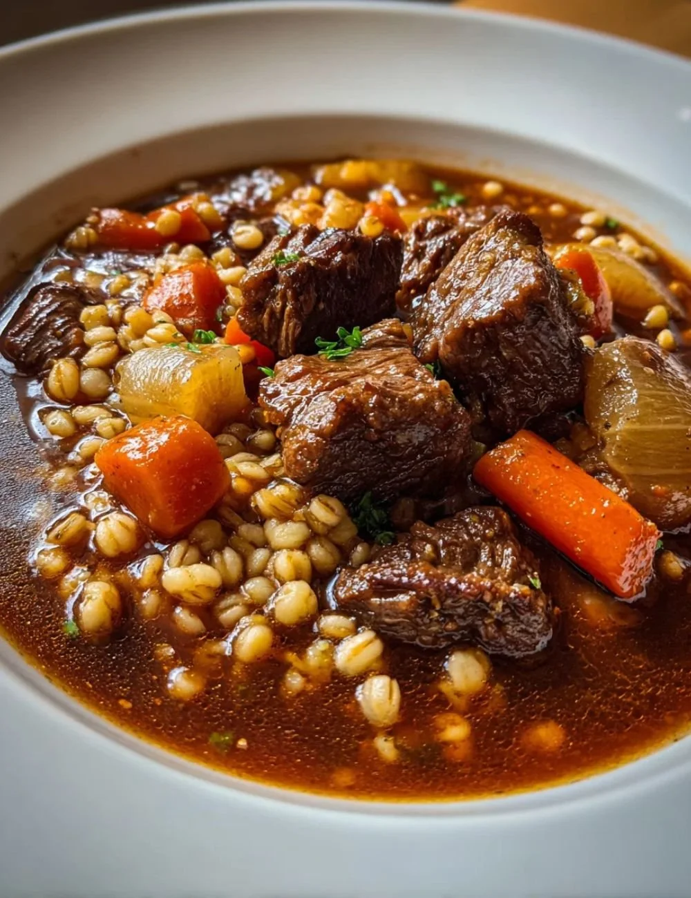 Slow cooker beef and barley soup with vegetables and herbs