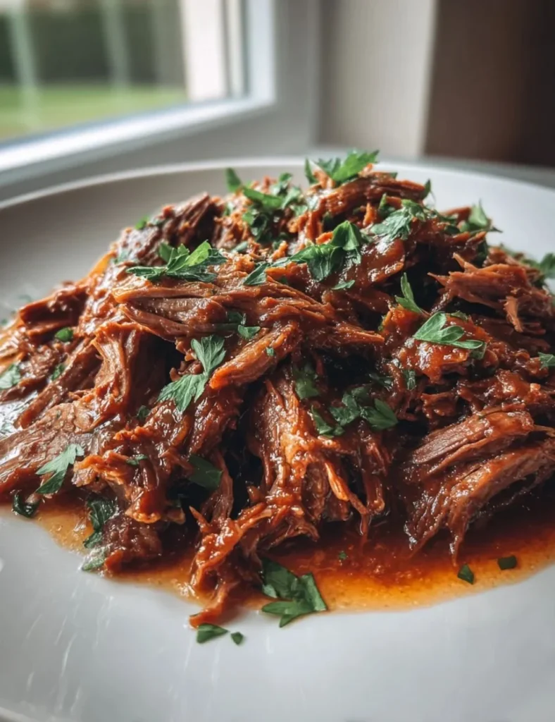Slow Cooker Beef Manhattan with tender beef and hearty gravy