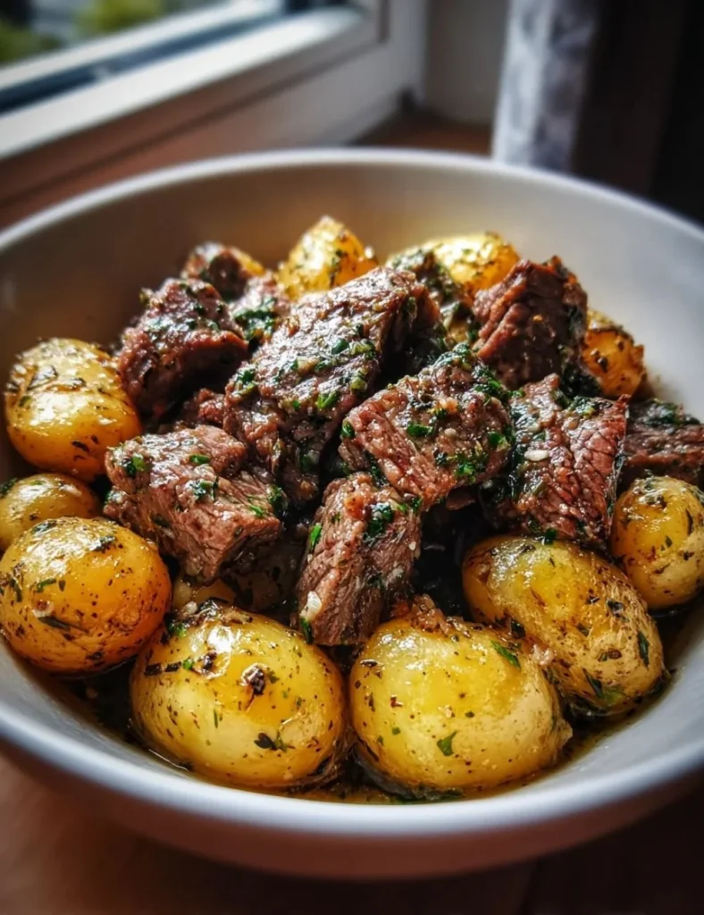Slow Cooker Garlic Butter Beef with Potatoes in a rustic serving dish