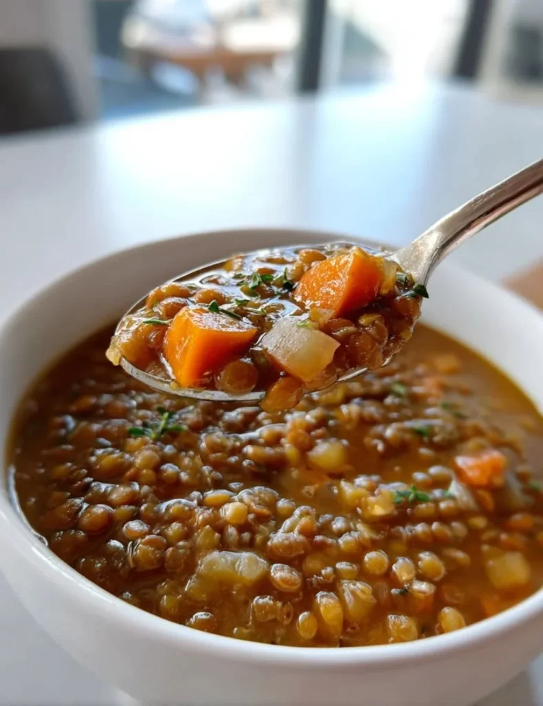 Bowl of slow cooker lentil root veggie soup with colorful vegetables and herbs
