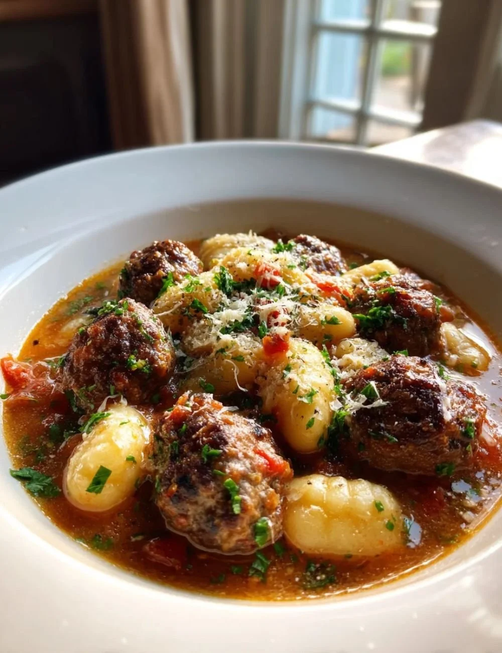Bowl of spicy meatball gnocchi soup with fresh herbs on top