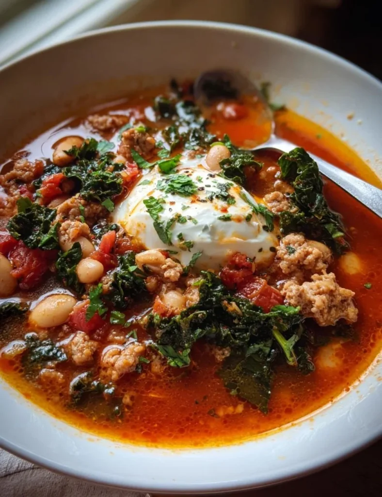 Delicious bowl of spicy turkey sausage chili topped with fresh herbs