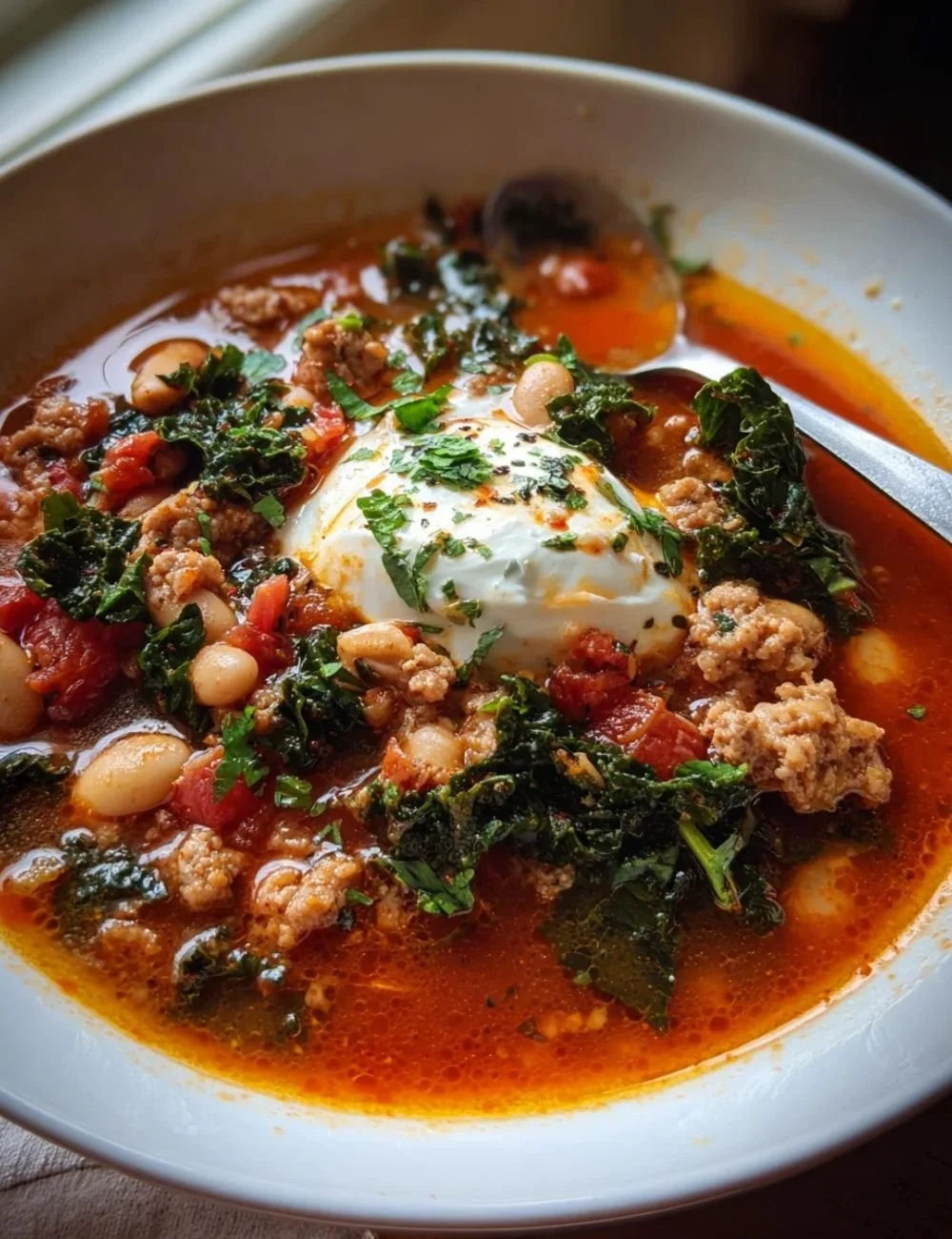 Delicious bowl of spicy turkey sausage chili topped with fresh herbs
