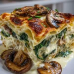 Delicious spinach mushroom vegetarian lasagna baked to perfection.