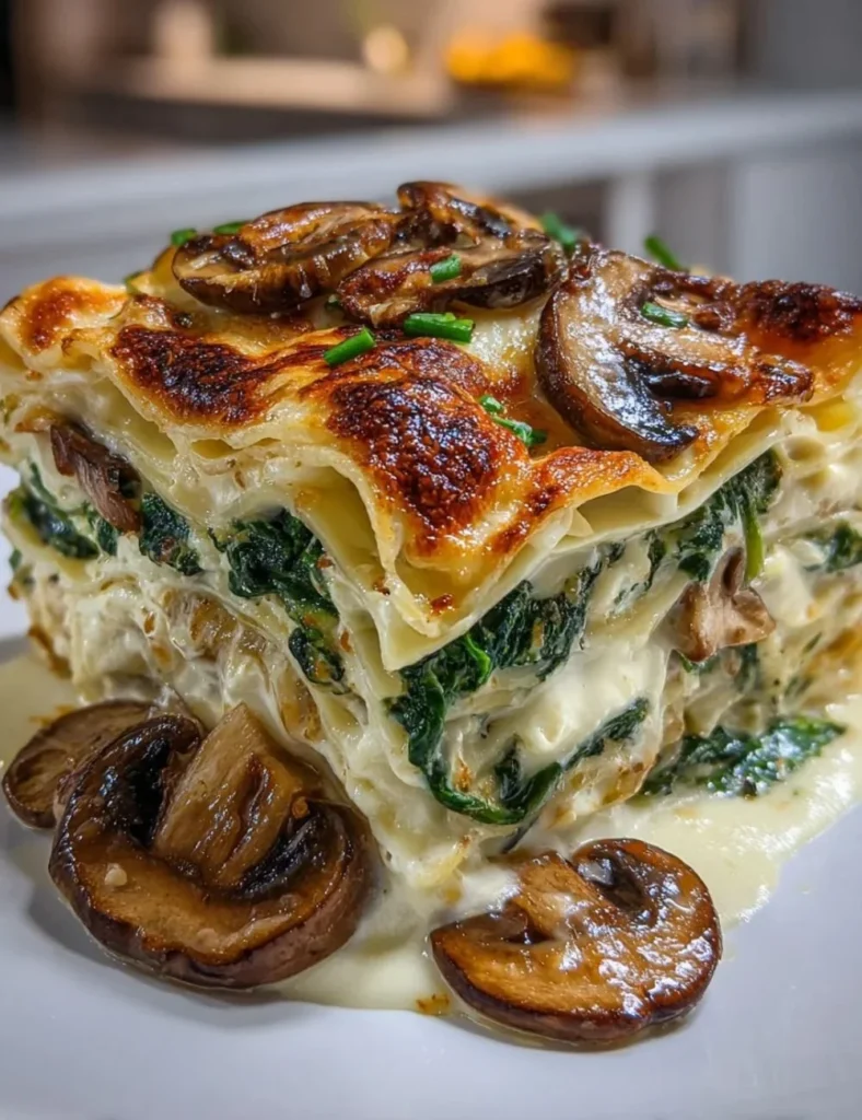 Delicious spinach mushroom vegetarian lasagna baked to perfection.