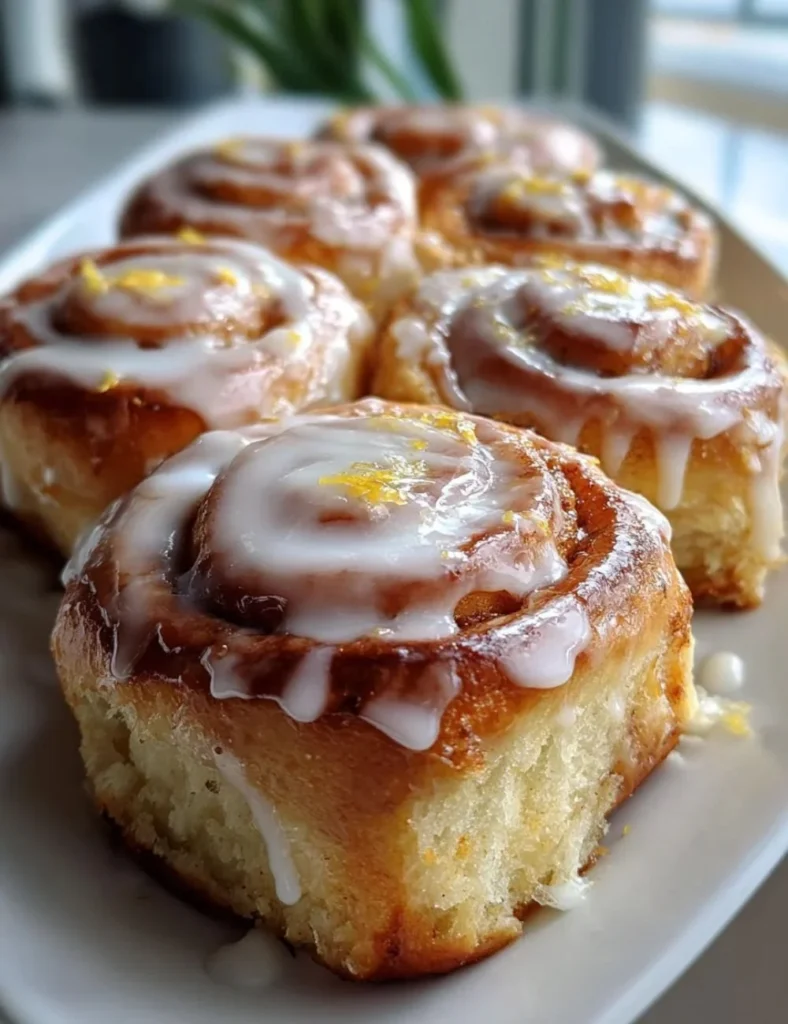 Delicious sticky lemon rolls with cream cheese glaze on a white plate