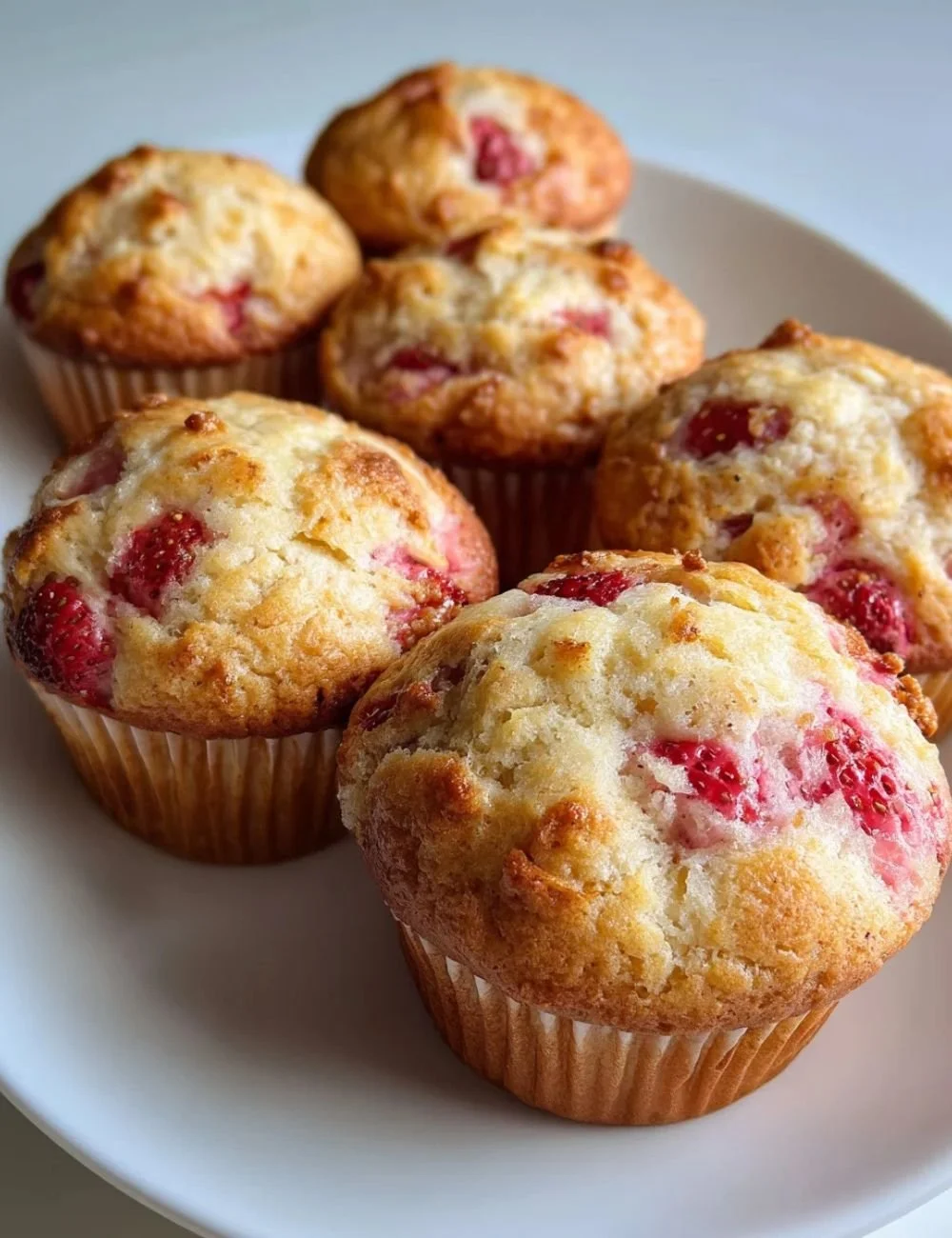 Freshly baked strawberry muffins on a wooden table