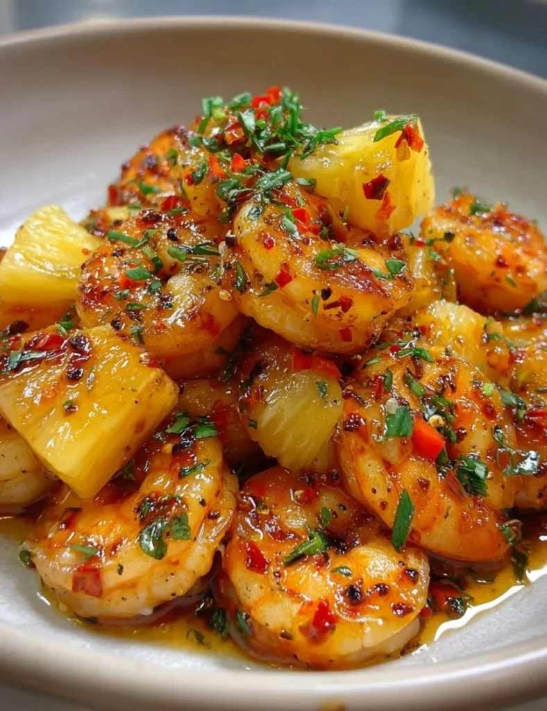 Plate of Sweet Chili Pineapple Shrimp garnished with fresh herbs