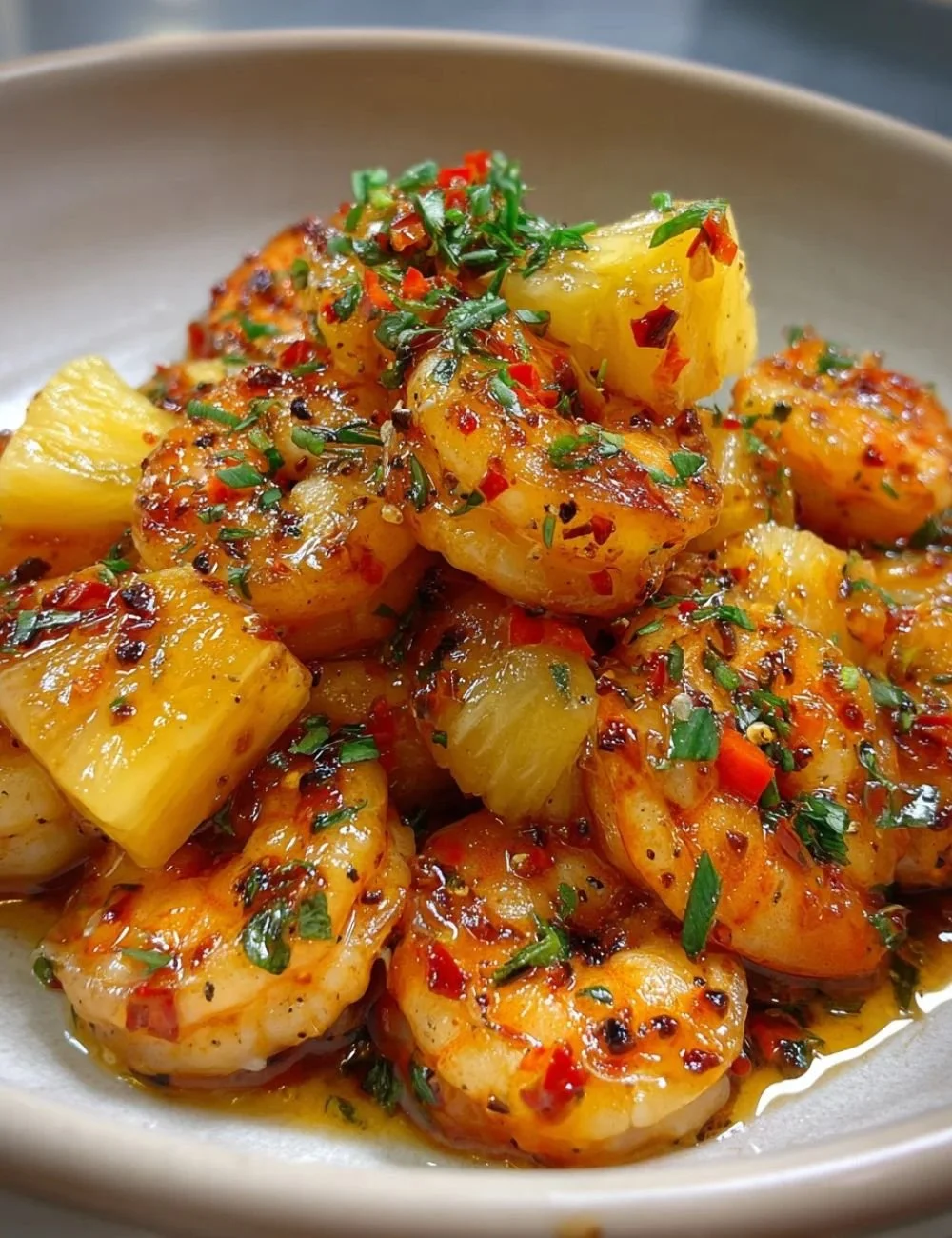 Plate of Sweet Chili Pineapple Shrimp garnished with fresh herbs